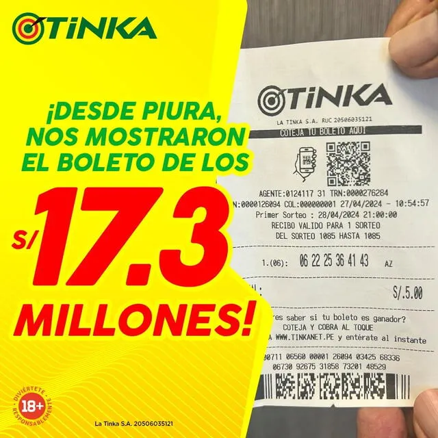  Primer ganador: se llevó 17,3 millones de soles el domingo 28 de abril. Foto: La Tinka/Instagram   