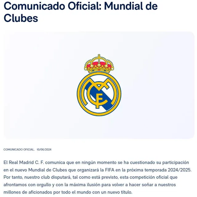 Comunicado del Real Madrid. Foto: Real Madrid   