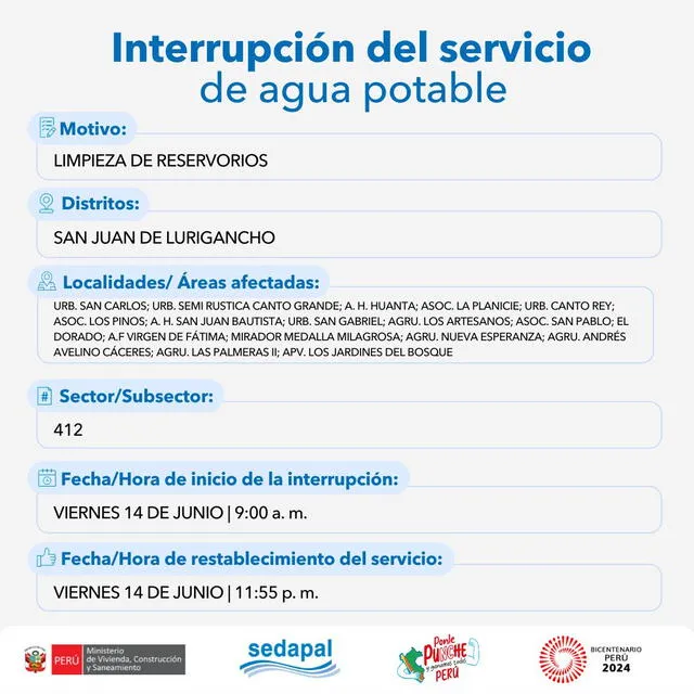 Cortes de agua en Lima del 11 al 14 de junio, vía Sedapal: revisa los distritos afectados y horarios