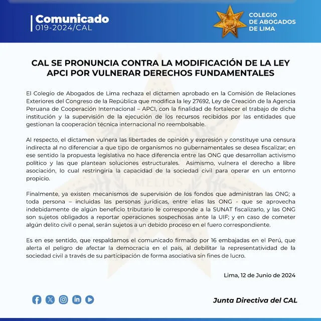 Comunicado fue emitido el 12 de junio en las redes sociales. Foto: Colegio de Abogados de Lima.   