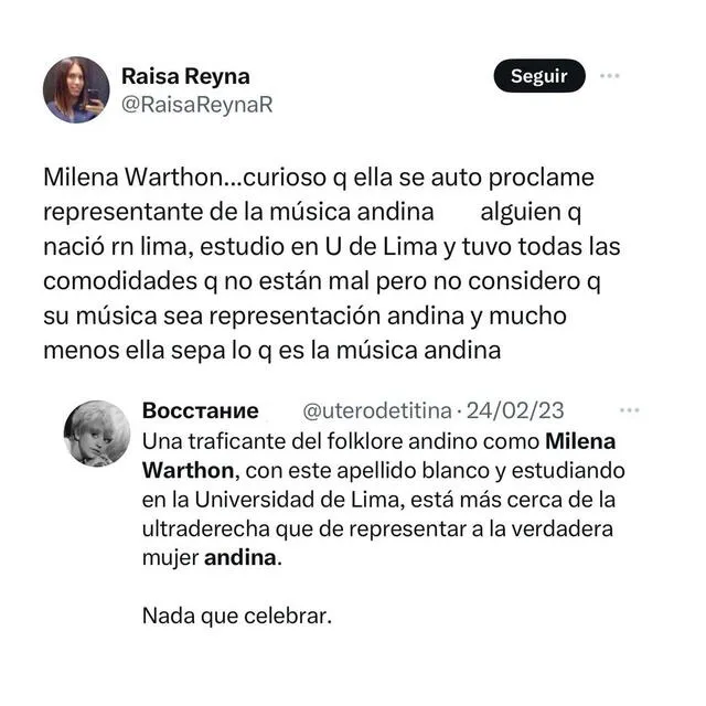 Milena Warthon recibió comentarios por sus orígenes. Foto: Twitter   