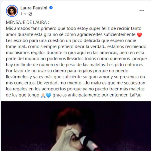 Laura Pausini le pidió a sus fans que ya no le den regalos porque le cuesta mucho llevárselos en los aeropuertos. Foto: Laura Pausini/Facebook   