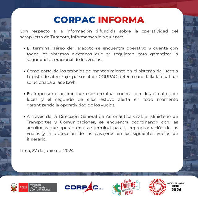  Córpac respondió luego de fallas en luces de aeropuerto de Tarapoto: Foto: Córpac   