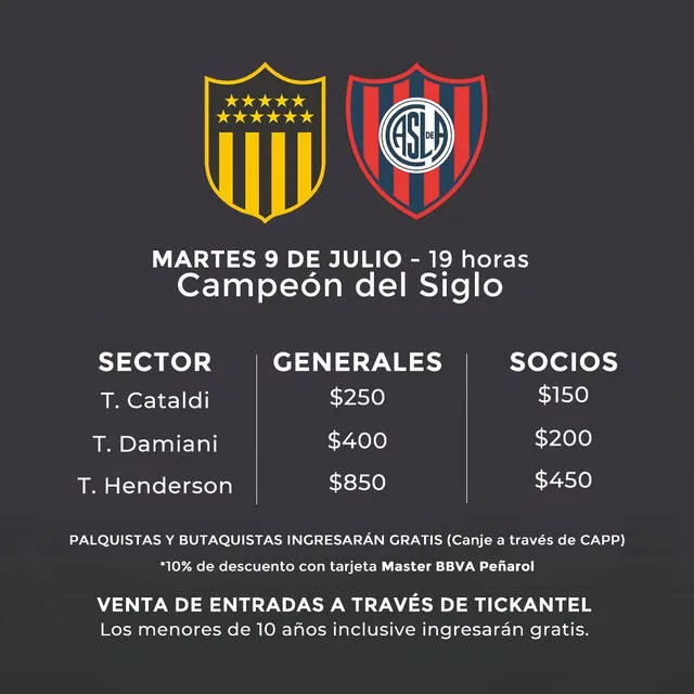 Precios de las entradas para el amistoso Peñarol vs. San Lorenzo. Foto: Serie Río de La Plata   