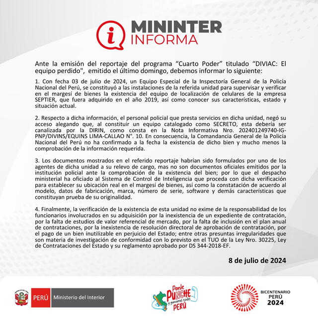 Comunicado del Mininter. Foto: Mininter   