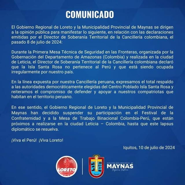  Comunicado del Gobierno Regional de Loreto y la Municipalidad Provincial de Maynas.    