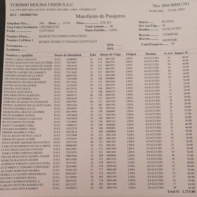 Lista de pasajeros a bordo del bus interprovincial Molina Unión. Foto: La Lupa   