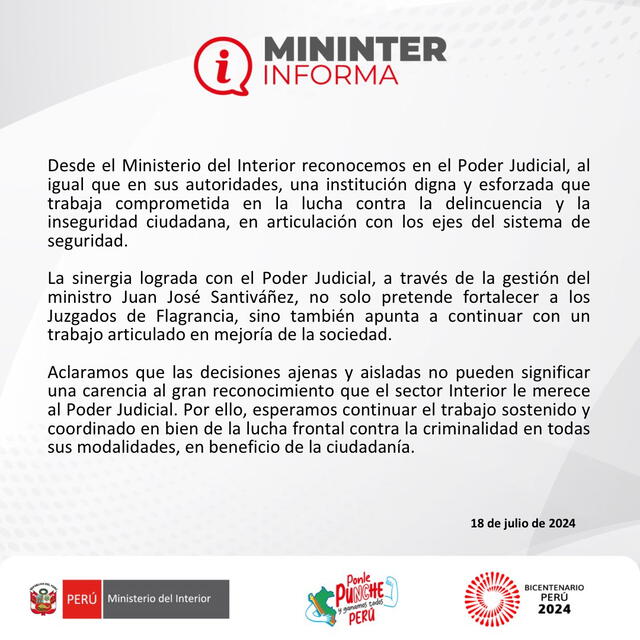 Comunicado del Ministerio del Interior acerca de acusación al Poder Judicial. Foto: Mininter/X   