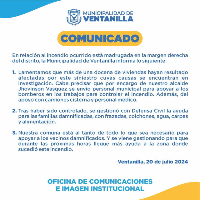 La Municipalidad de Ventanilla se pronunció tras el incendio. Foto: Municipalidad de Ventanilla   