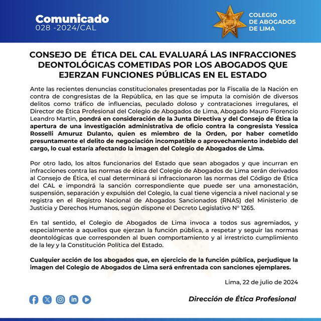 Comunicado del Colegio de Abogados de Lima.   