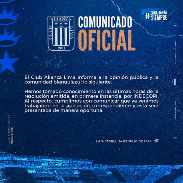  Comunicado de Alianza Lima por la sanción de Indecopi. Foto: Alianza Lima   