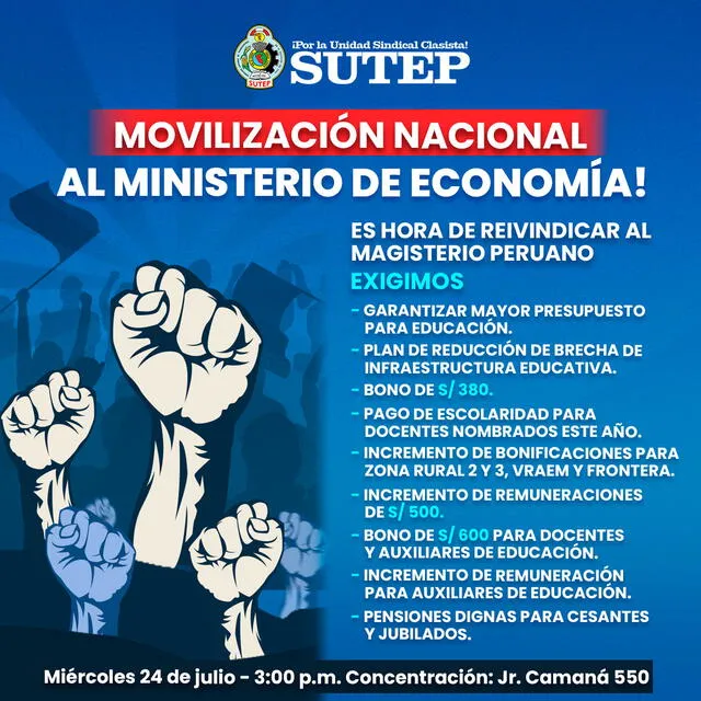  Anuncio de la Sutep para las movilizaciones del 24 de julio. Foto: Sutep   