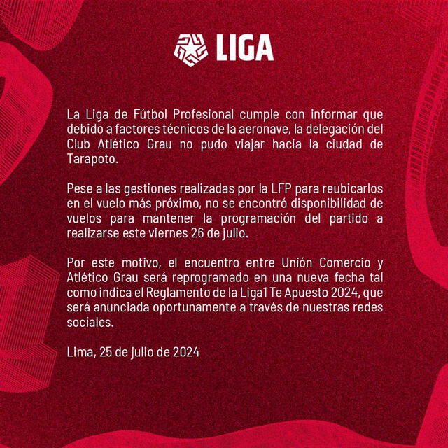 La organización del torneo explicó a qué se debe la postergación del partido. Foto: Liga 1   