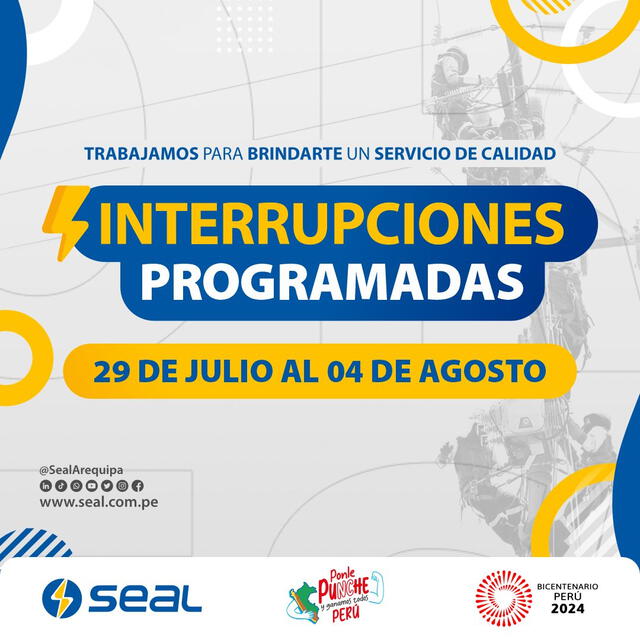 Cortes de luz en Arequipa: horarios y distritos programados del 31 de julio al 2 de agosto, según Seal