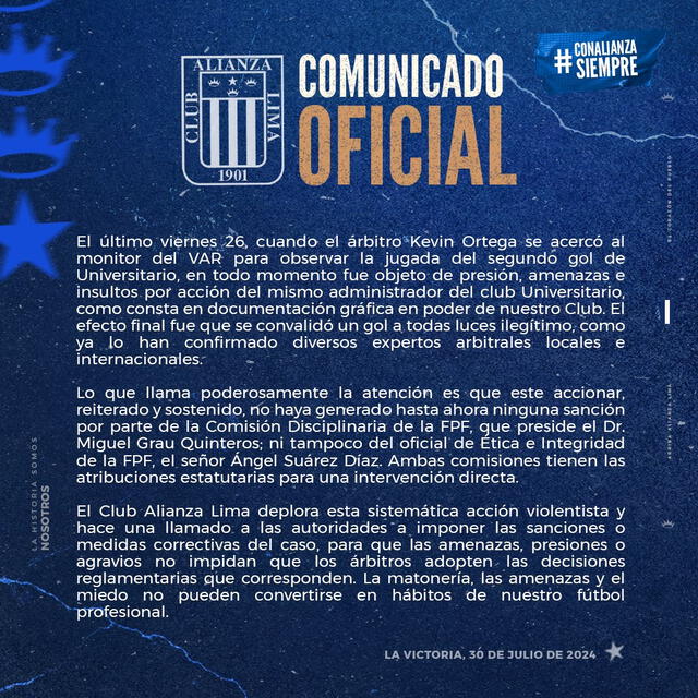  Comunicado del cuadro blanquiazul. Foto: Alianza Lima   