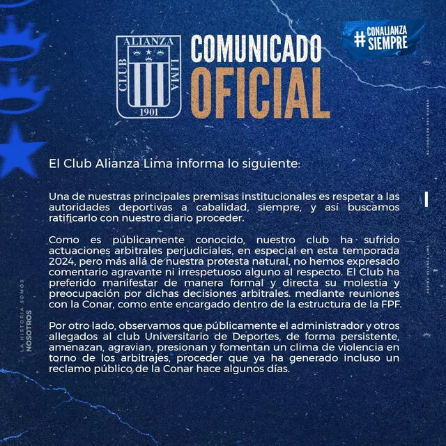  Comunicado del cuadro blanquiazul. Foto: Alianza Lima   