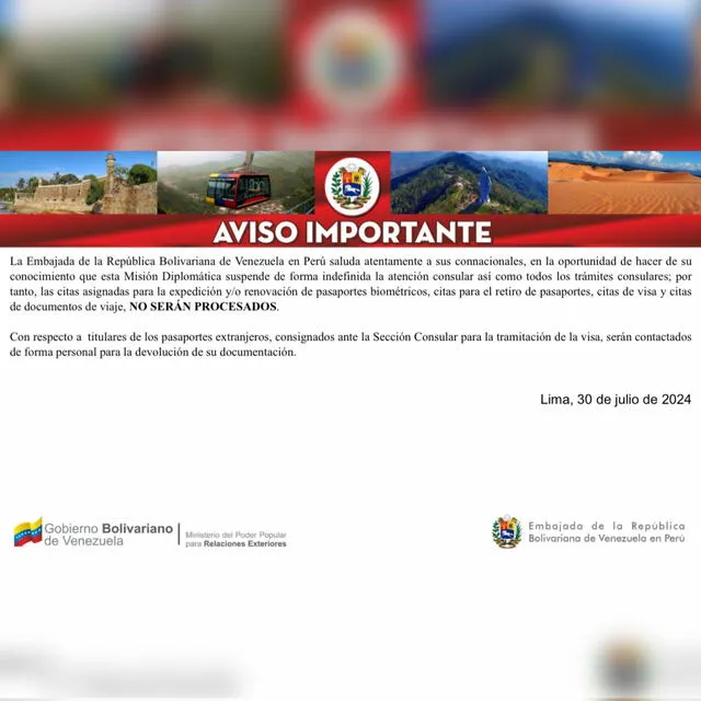 Comunicado de la Embajada de Venezuela en Perú. Foto: Embajada de Venezuela   