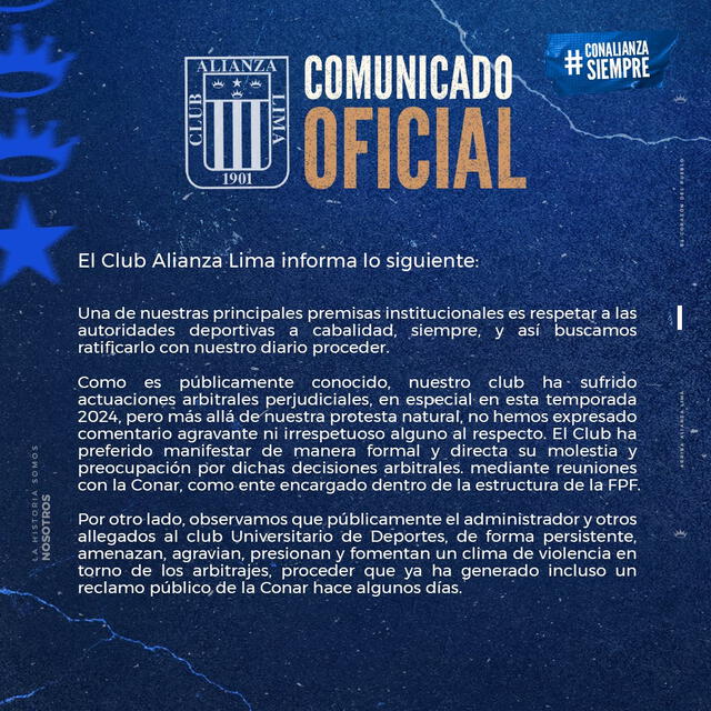 Comunicado de Alianza Lima. Foto: Club Alianza Lima   