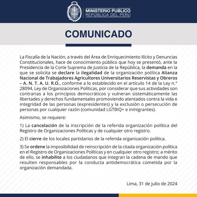  Comunicado de Ministerio Público vía 'X'.   