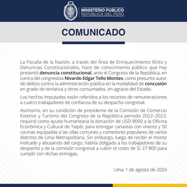 Comunicado del Ministerio Público.    