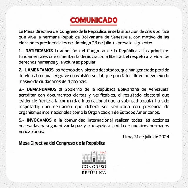 Comunicado de la Mesa Directiva del Congreso sobre elecciones de Venezuela. Foto: (X) antes Twitter   