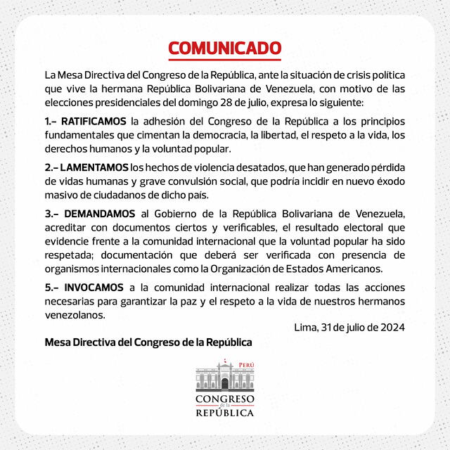 Comunicado del Congreso de la República. 