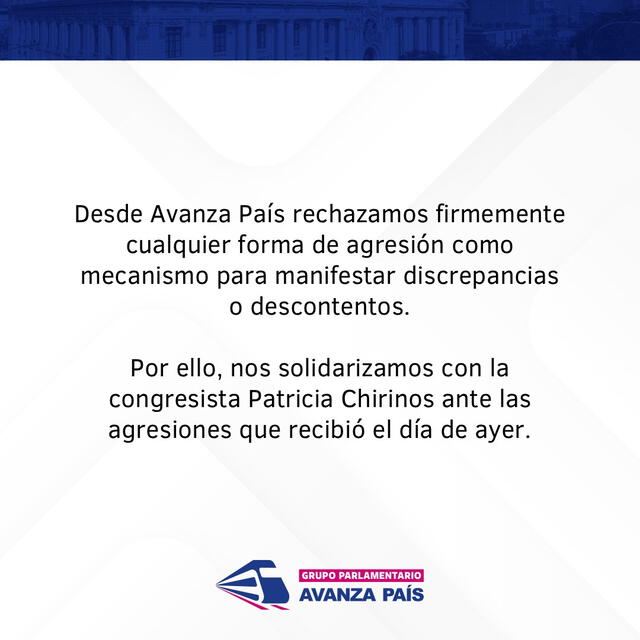 Avanza País se pronuncia sobre agresiones a Patricia Chirinos. Foto: X   