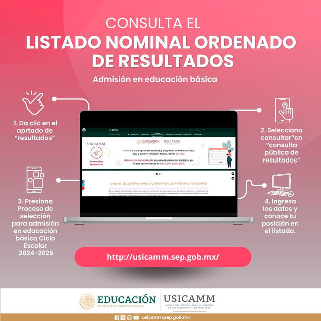 Revisa los pasos para consultar el listado nominal ordenado de los resultados de USICAMM 2024. Foto: SEP   