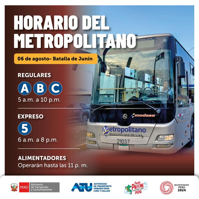 metropolitano atenderá feriado 6 de agosto