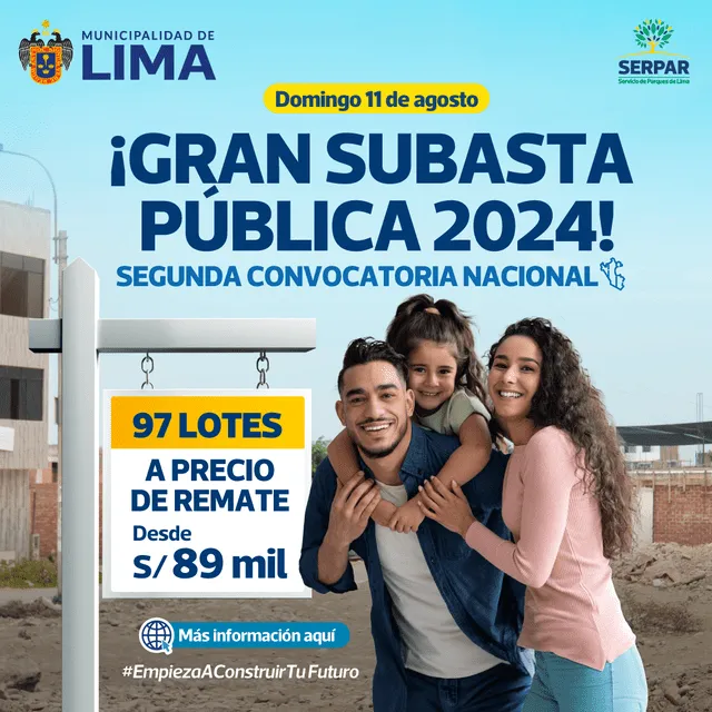 Subasta de lotes se realizará el domingo 11 de agosto. Foto: Serpar   