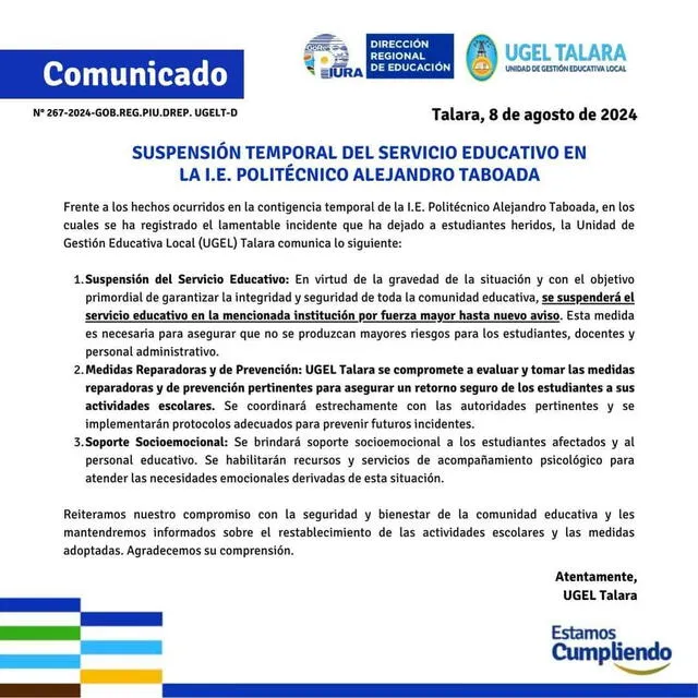  Ugel suspendió labores académicas. Foto: UGEL   