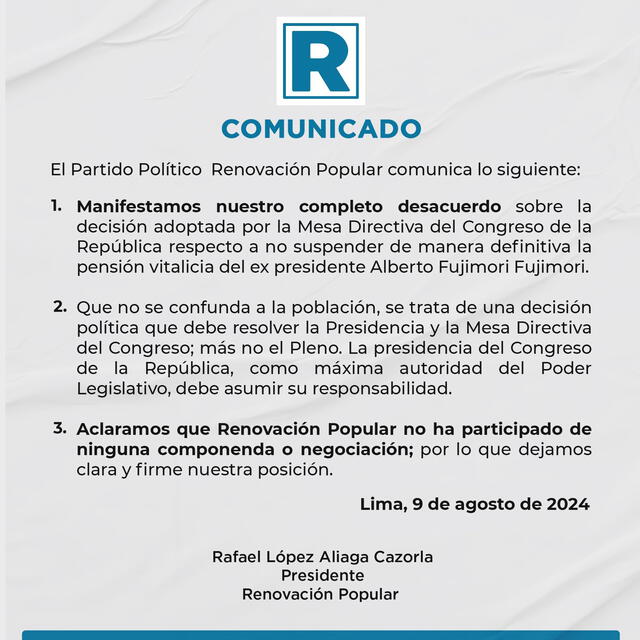 Comunicado de Renovación Popular   