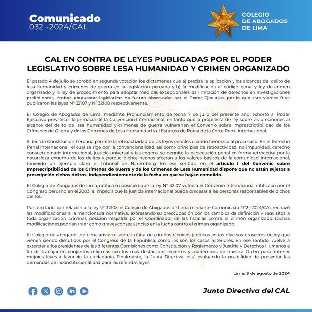 CAL señaló que exhortó al Ejecutivo a observar las mencionadas leyes. Foto: CAL- X.   