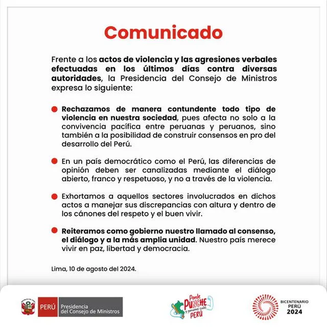  Comunicado publicado por la Presidencia del Consejo de Ministros. | Foto: PCM / X.   