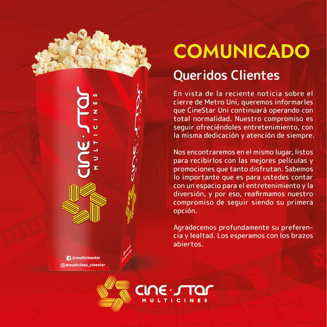  CineStar se pronuncia, tras el anuncio del cierre de Metro Uni para este 27 de agosto. Foto: CineStar.<br><br>    