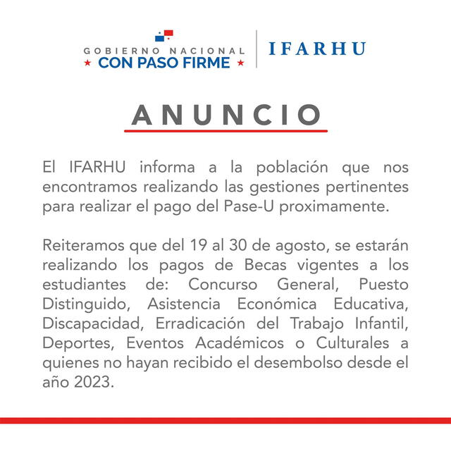 Comunicado de IFARHU sobre el PASE-U 2024. Foto: IFARHU   