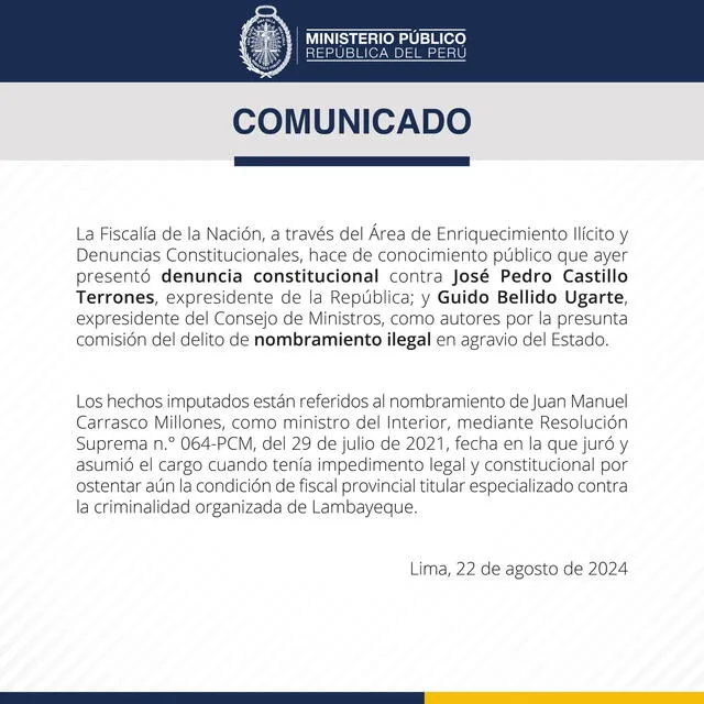  Comunicado de la Fiscalía sobre denuncia constitucional. | Foto: Ministerio Público / X.    