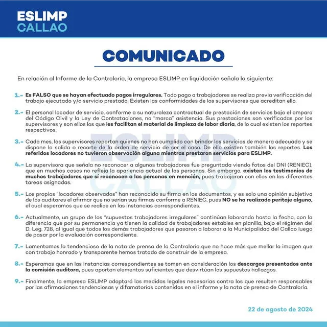 Comunicado de ESLIMP Callao.   