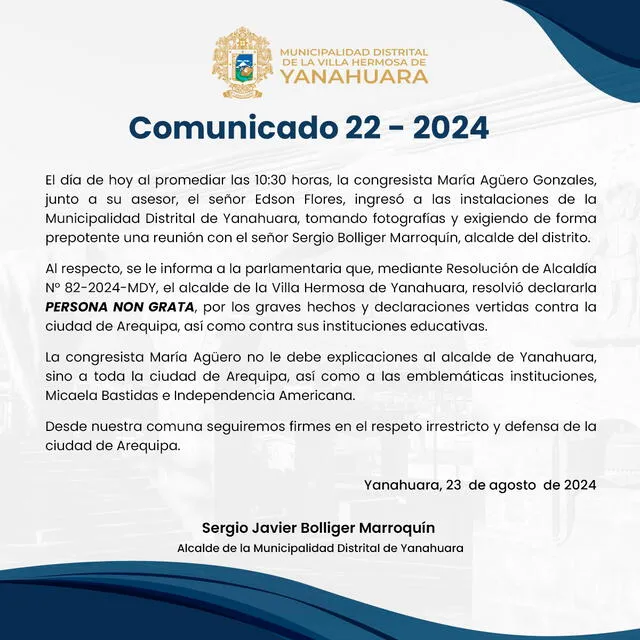 Comunicado que declara persona no grata a la congresista María Agüero. Foto: Facebook   