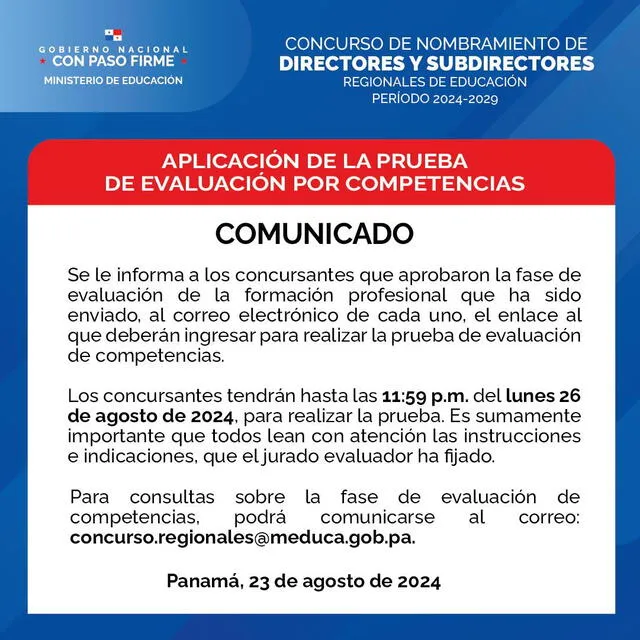 Este es el muy importante anuncio que hizo el Meduca sobre el Concurso de Nombramiento 2024 de directores y subdirectores regionales de educación. Foto: Meduca   