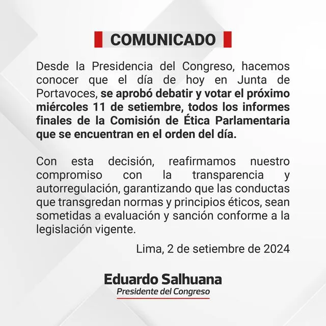  Comunicado de Eduardo Salhuana en 'X'.   