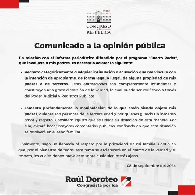  Comunicado difundido por el congresista Raúl Doroteo. Foto: captura X 