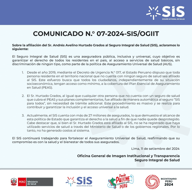 SIS lanza comunicado. Foto: Facebook   