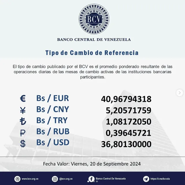  Precio del dólar BCV hoy, 20 de septiembre de 2024. Foto: Banco Central de Venezuela   