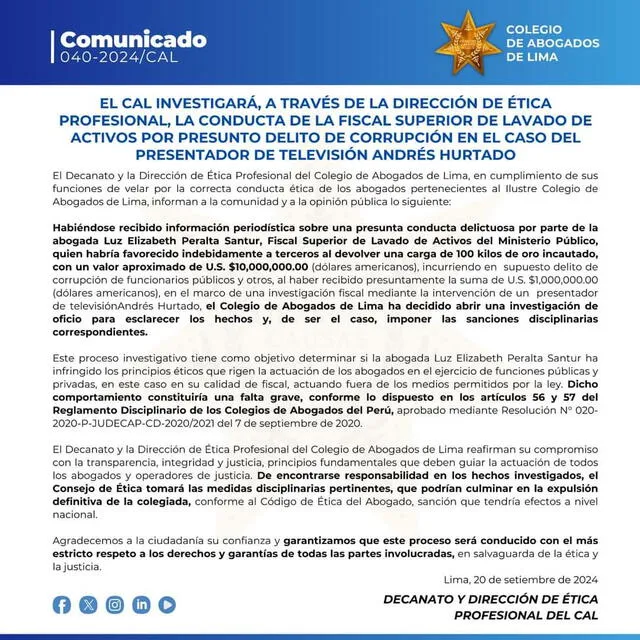 Comunicado del Colegio de Abogados de Lima. Foto: X/Difusión   