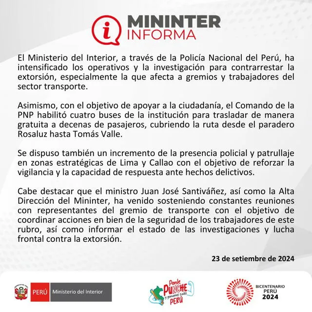  Mininter emite comunicado. Foto: Mininter  