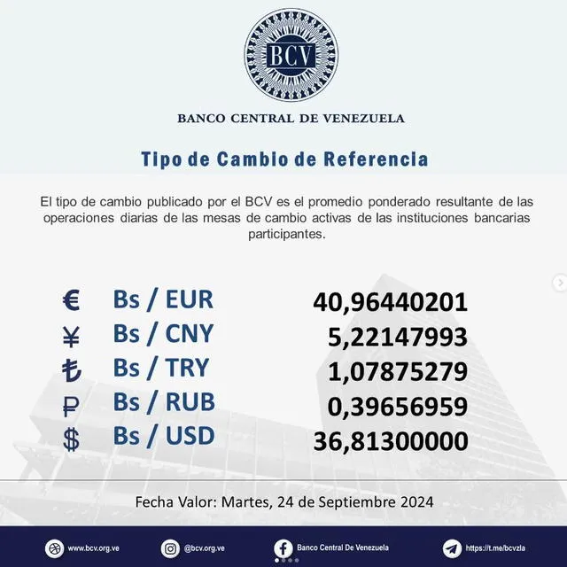  Precio del dólar BCV, 24 de septiembre de 2024. Foto: Banco Central de Venezuela   