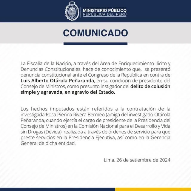 Comunicado de la Fiscalía. Foto: Ministerio Público/X   