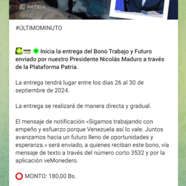 El pago del Segundo Bono Especial de este mes se realizó el 16 de septiembre. Foto: Canal Patria Digital/ Telegram