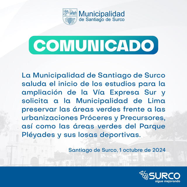  Comunicado de la Municipalidad de Surco. Foto: difusión.   